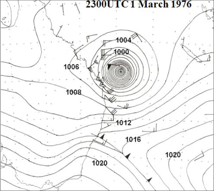 Cyclone Colin, 1976: mean sea level and wind observation 1 March